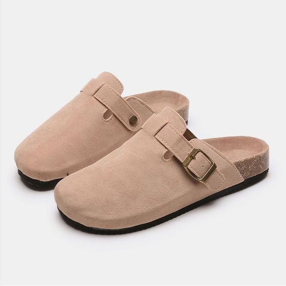 Camel Colored Suede Closed Toe Buckle Slide - Picture 3 of 5